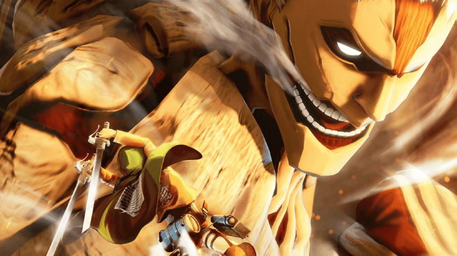 Scout Regiment member about to attack the Armored Titan in Attack on Titan VR Unbreakable game key art