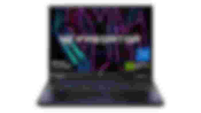 Acer Predator Helios 16 product image of a black laptop with multicoloured backlit keys.