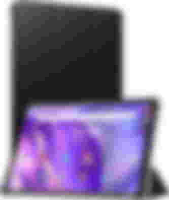 Sumtab Octacore product image of a black tablet proped up with a foldable case, the display featuring a purple pattern background.