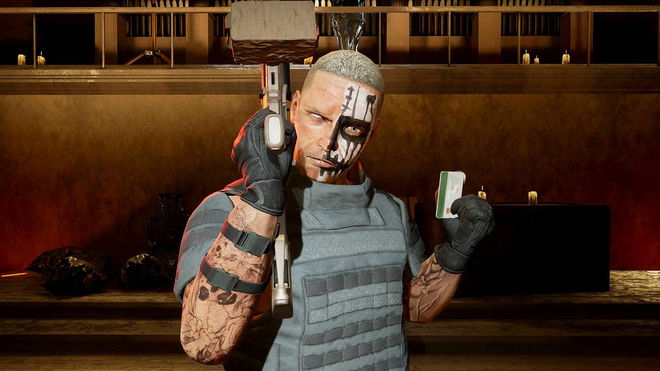 The Collector from Ghosts of Tabor, carrying a gun in one hand and a keycard in the other.