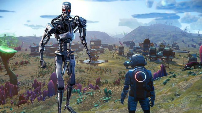 a Terminator next to a No Man's Sky explorer