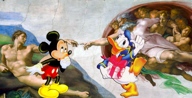 The Disney 16-bit renaissance - Mickey and Donald in front of Michelangelo's Creation of Adam