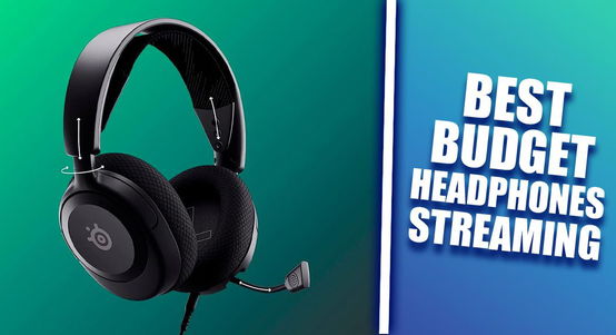 A black, over-ear gaming headset on one side of a white line. On the other, "BEST BUDGET HEADPHONES STREAMING" text in white.