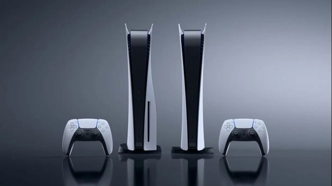 PlayStation 5 consoles on grey background