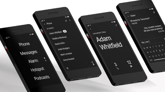 Four Light Phone 3's in a row with different actions on-screen, including a phone call, menu, and more