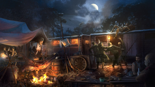 last train home promo art soldiers dancing around train in night 