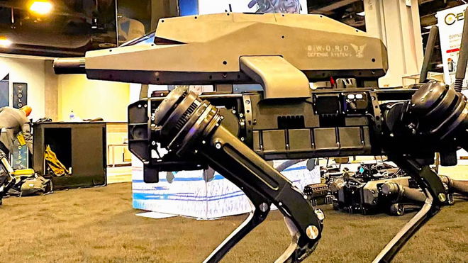 Ghost Robotics robot dog with a weaponised rifle on its back, sued by Boston Dynamics 