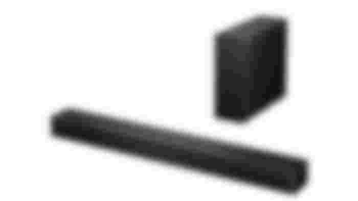 A rectangular black soundbar with a subwoofer behind it.