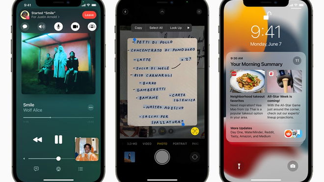 Three iPhones showcasing iOS features from a previous iOS build. One has Apple Music, one has an image of text being captures, and another gives a morning summary.