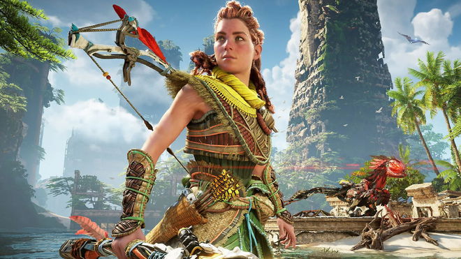 Aloy from Horizon Forbidden West standing central with her bow