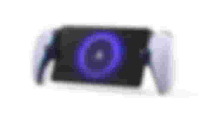 PlayStation Portal product image of two sides to a white DualSense controller between a screen.