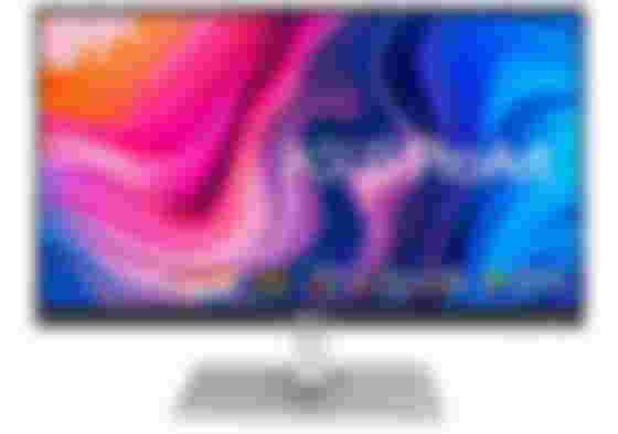 ASUS ProArt Display PA279CV product image of a silver and black monitor with an orange, pink, purple, and blue pattern on the display.