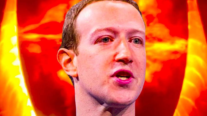 Meta CEO Mark Zuckerberg on top of a red hot fire background 