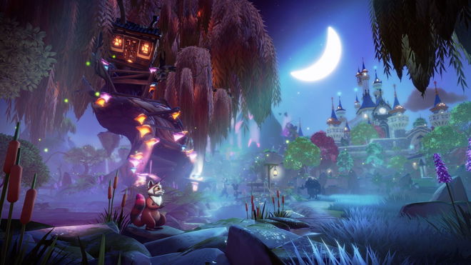A night scene of a treehouse with a castle in the background - dreamlight valley crash