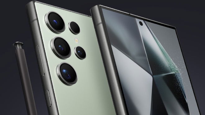 Samsung Galaxy S24 Ultra press image showcasing both sides of the phone and the pen