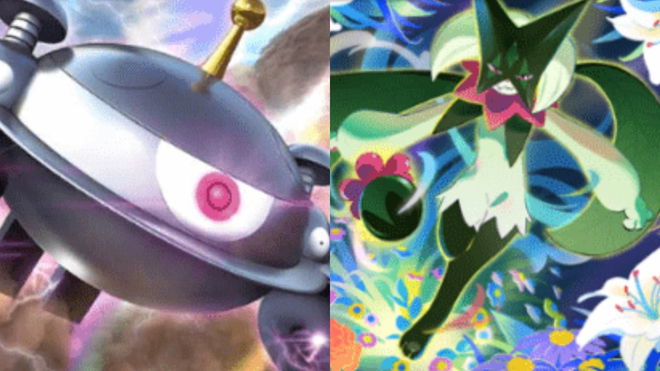A picture from the Pokémon TCG Pocket card, Magnezone and Meowscarada.