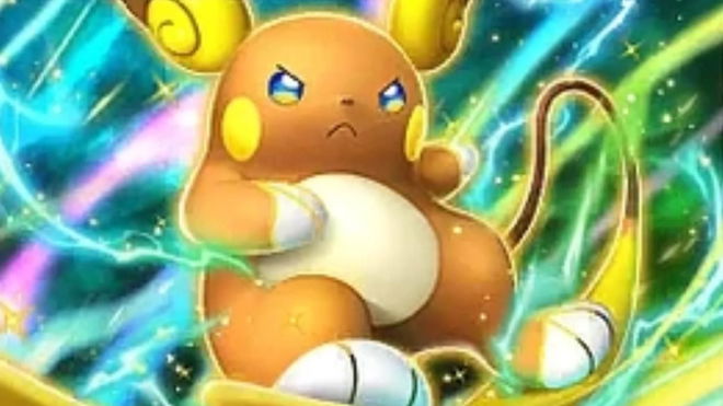A picture from the Pokémon TCG Pocket card, Alolan Raichu ex.
