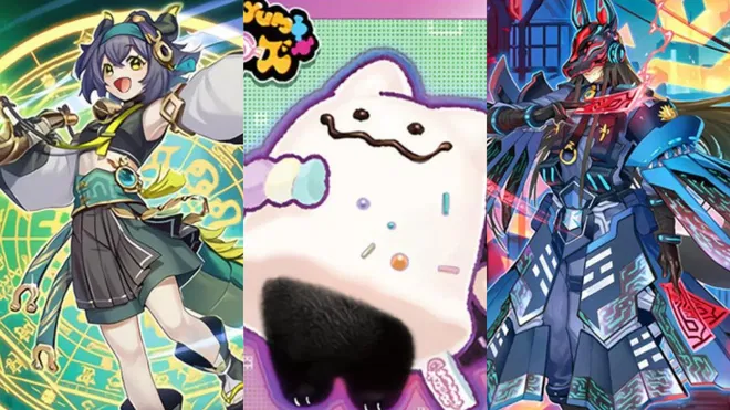 A picture from the Yu-Gi-Oh! cards, Dracotail Phrixl, Marshmao☆Yummy, and K9-04 Noroi.