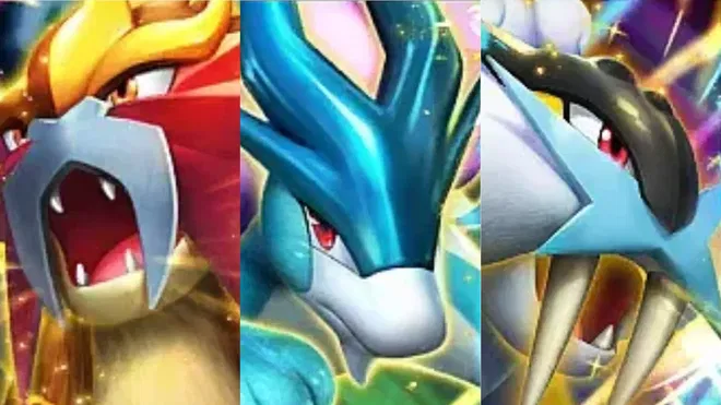 A picture from the Pokémon TCG Pocket cards, Raikou ex, Entei ex, and Suicune ex.
