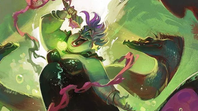 a painting of a woman with purple hair and a dragon .