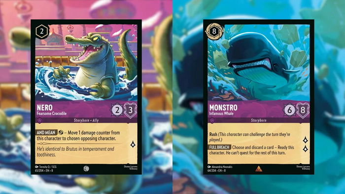 A picture of the Disney Lorcana cards, Nero - Fearsome Crocodile & Monstro - Infamous Whale.