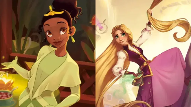 A picture from the Disney Lorcana cards, Tiana - Restaurant Owner and Rapunzel - High Climber.