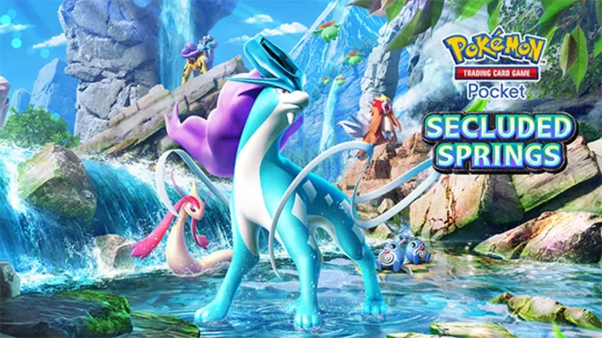 The banner picture for the Secluded Springs expansion for Pokemon Pocket.