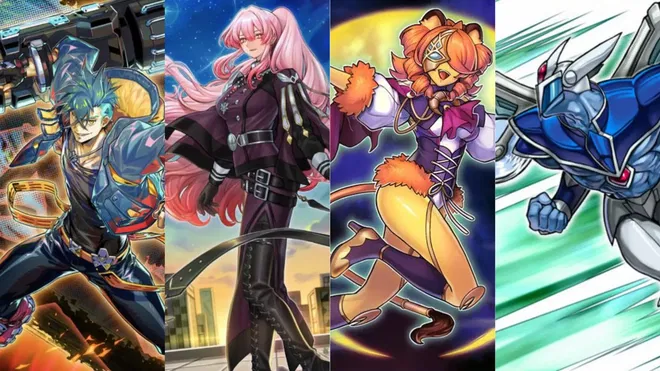 A picture from the Yu-Gi-Oh! cards, Vanquish Soul Razen, Exosister Martha, Lunalight Gold Leo, Elemental HERO Stratos.