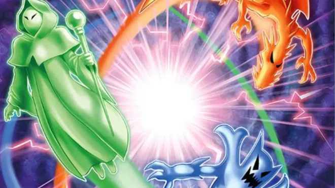 A picture from the Yu-Gi-Oh! card, Heavy Polymerization.