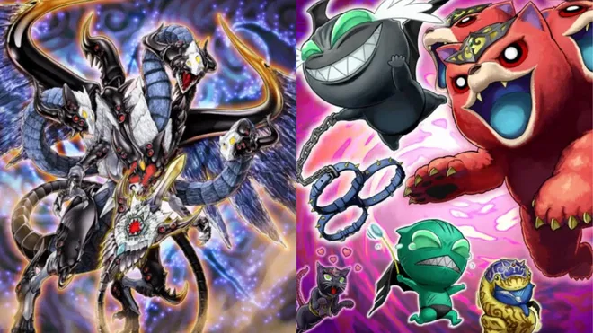 A picture from the Yu-Gi-Oh! cards, Evilswarm Ouroboros and Obedience Schooled.