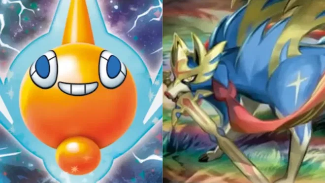 A picture from the Pokemon cards, Rotom ex and Zacian.